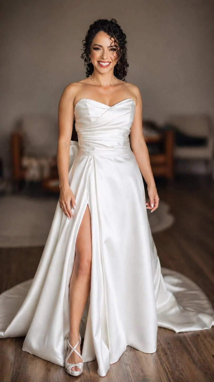 Noiva em vestido branco com maquiagem delicada